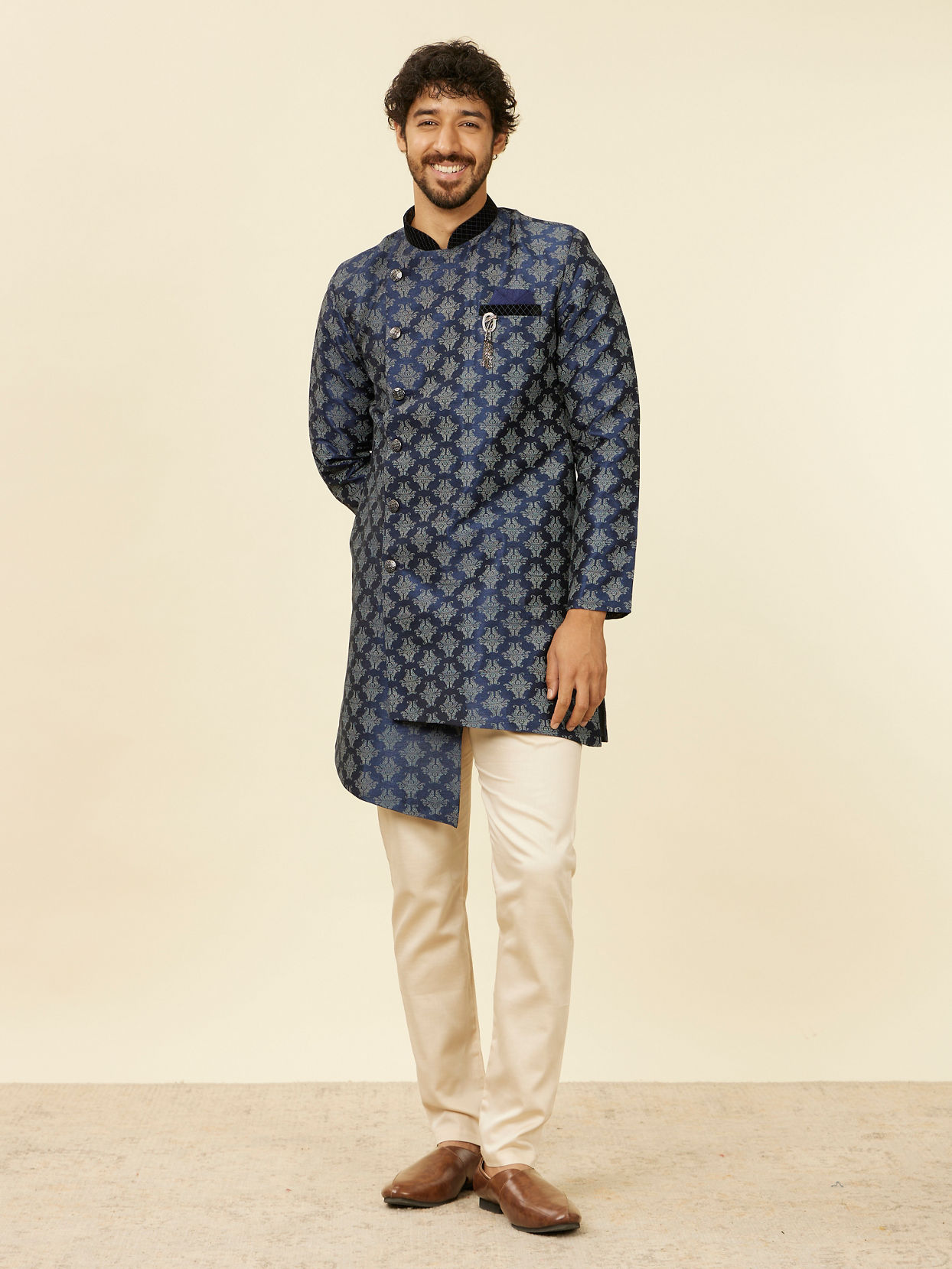 alt message - Manyavar Men Dark Blue Imperial Paisley Patterned Angrakha Style Kurta Set image number 2